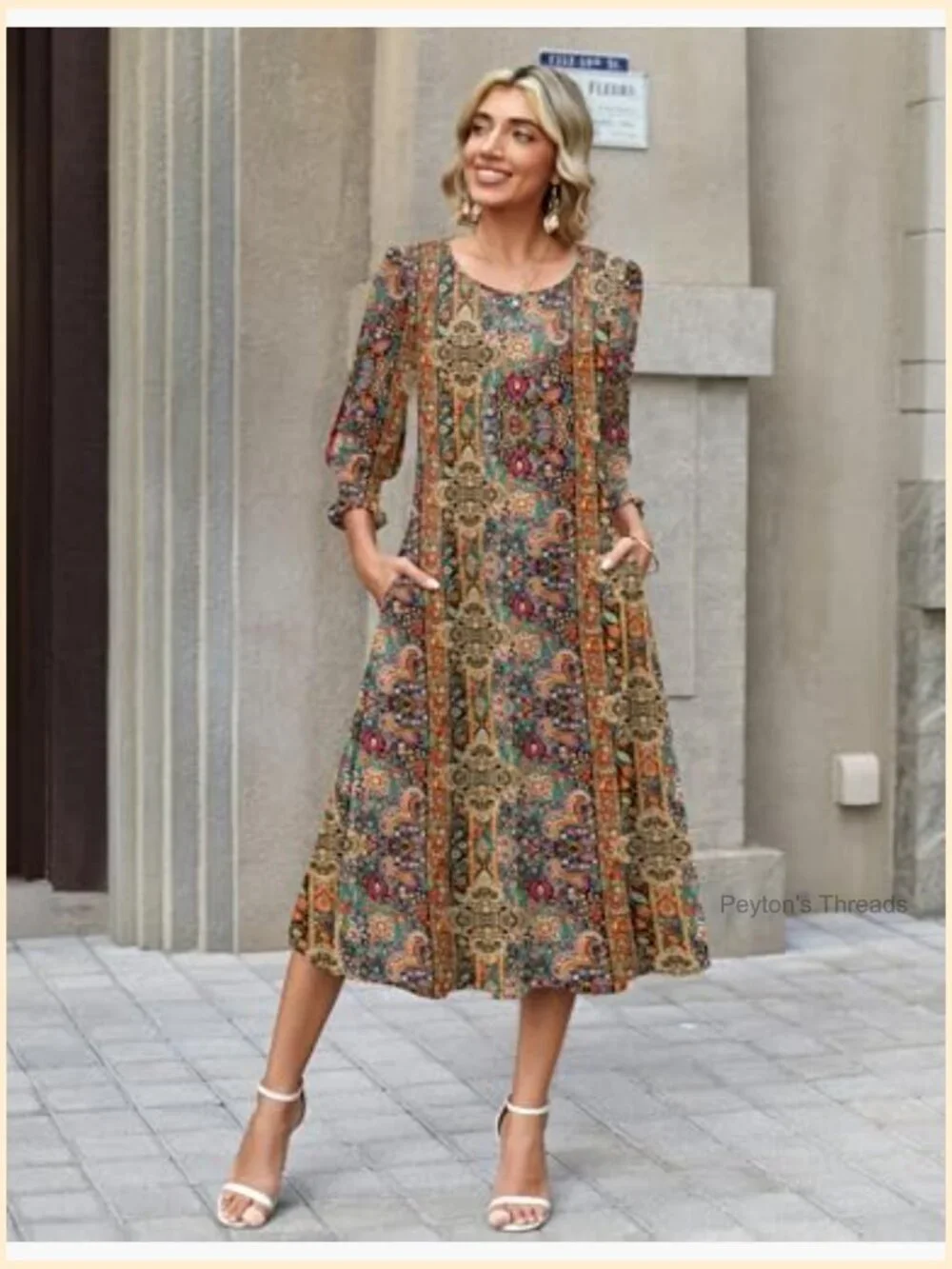 3/4 Sleeve Floral Midi Dress with Pockets Loose Fit Pull On